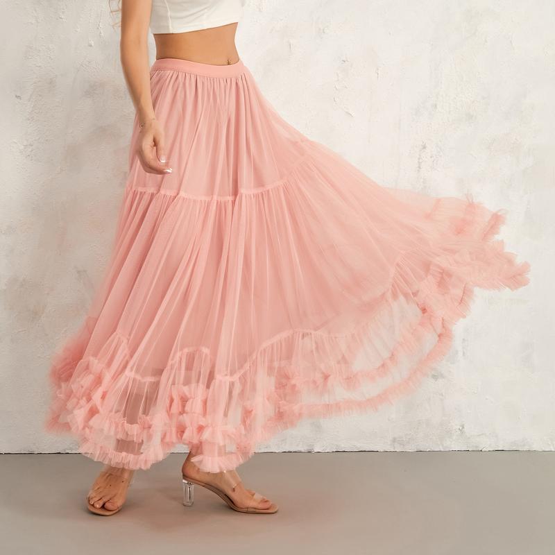 Women’s Tulle Long Skirts Elastic High Waist Ruffle Hem Tutu Skirts Fluffy A-line Midi Skirts Fabric Light Womenswear Bottom