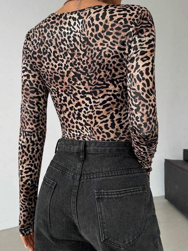 Women's Leopard Print Square Neck Long Sleeve Bodysuit, Casual Comfy Bodysuit for Daily Wear, Ladies Clothes for Fall & Winter