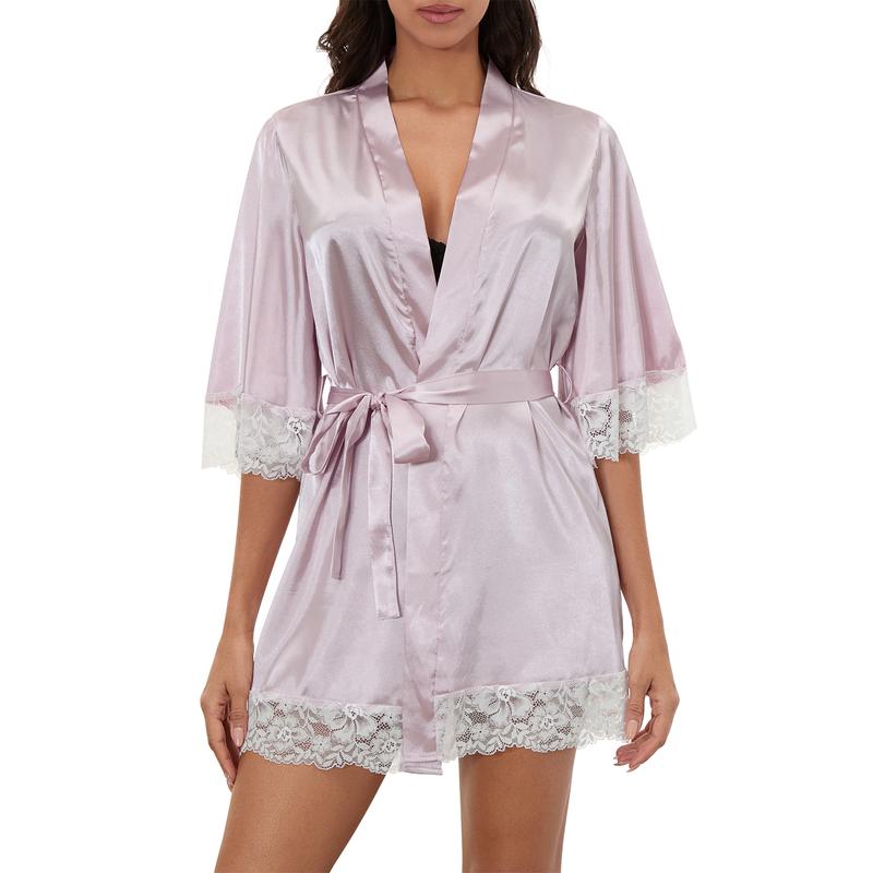 Women 3 4 Sleeves Bathrobe Fashionable Lace Patchwork Spa Night Kimono Robe with Belt Soft Pajama Outfit For Lady