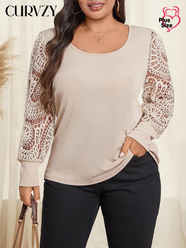 CURVZY Plus Size Contrast Lace Cut Out Bishop Sleeve Tee, Casual Long Sleeve Scoop Neck T-shirt for Daily Wear, Women's Clothing for All Seasons