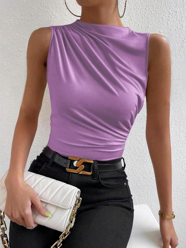 Women's Plain Ruched Mock Neck Crop Tank Top, Summer Clothes Women, Casual Sleeveless Cropped Top for Summer, Ladies Clothes for Daily Wear