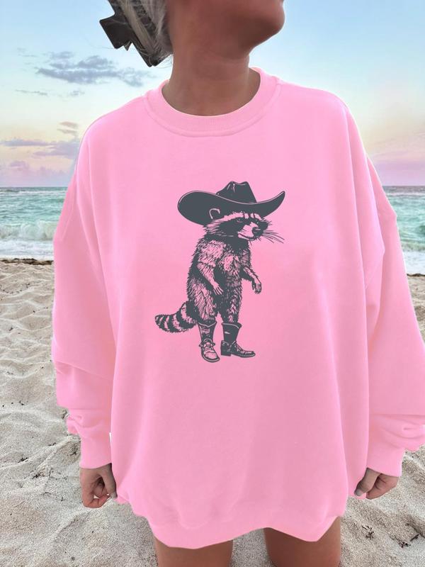 Women's Raccoon Print Crew Neck Sweatshirt, Casual Loose Long Sleeve Pullover for Fall & Winter, Women's Clothes for Daily Wear