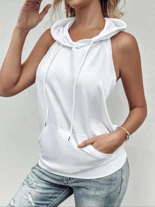 Women's Plain Cut Out Drawstring Hooded Tee, Elegant Casual Wrap Pocket Sleeveless Top for Summer, Ladies Clothes for Daily Wear