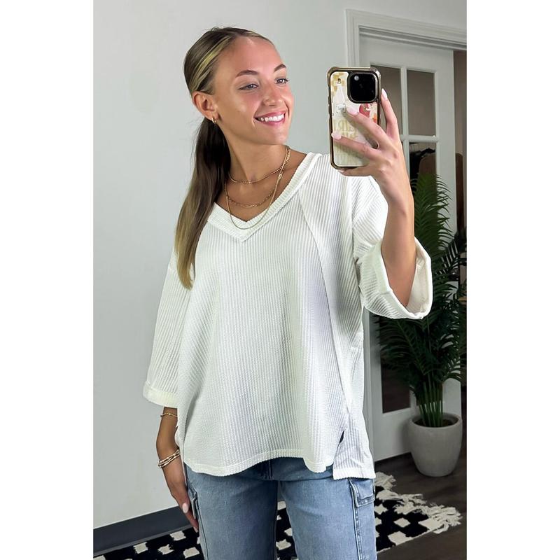 Relaxed Rhythm Corded Rib V-Neck Top - FINAL SALE