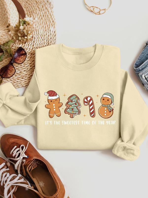 Women's Christmas Themed Cartoon Gingerbread Print Crew Neck Sweatshirt, Casual Letter Print Long Sleeve Pullover for Daily Wear, Ladies Fall & Winter Clothes