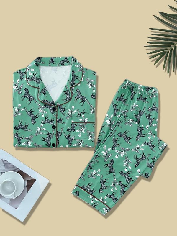 Two-Piece Set Women's Floral & Horse Print Pyjama, Casual Comfy Pocket Button Front Lapel Shirt & Elastic Waist Pants PJ Set, Women's Sleepwear for Fall & Winter