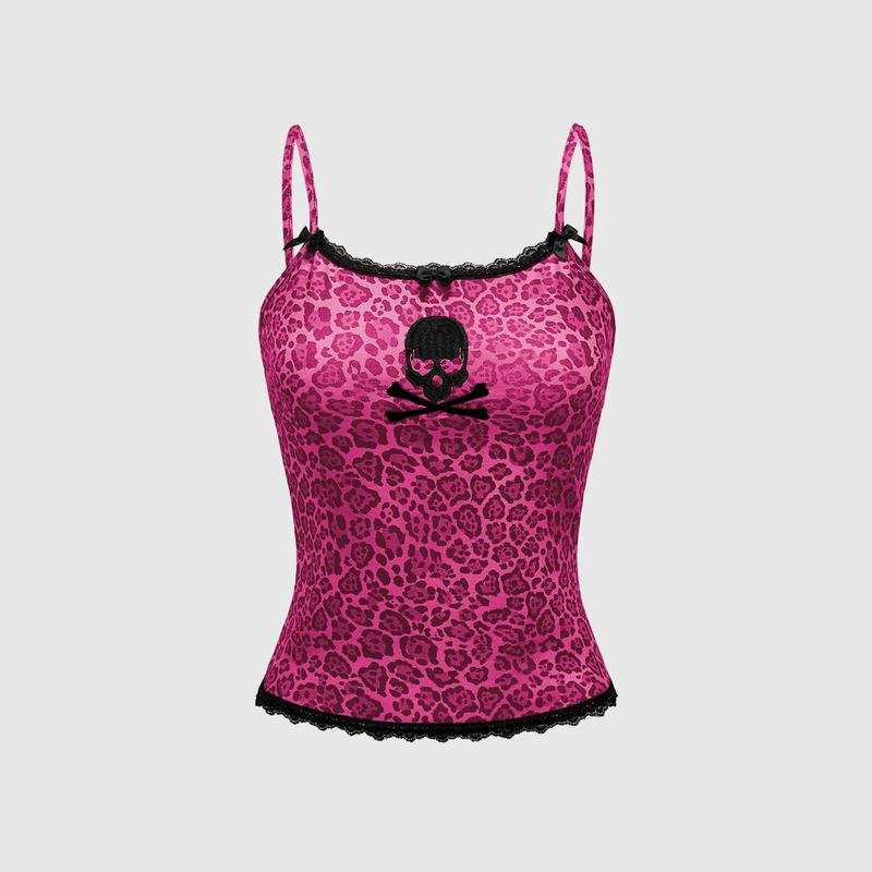 ROMWE Kawaii Y2K Style Abby PUNK Pink Leopard Lace & Skull Embroidered Women Tank Top Edgy & Cute Casual Fit