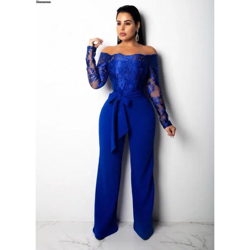 Womens Elegant Off Shoulder Long Pants Wide Leg Jumpsuits Floral Embroidery Lace See Through Cocktail Club Party Evening Rompers