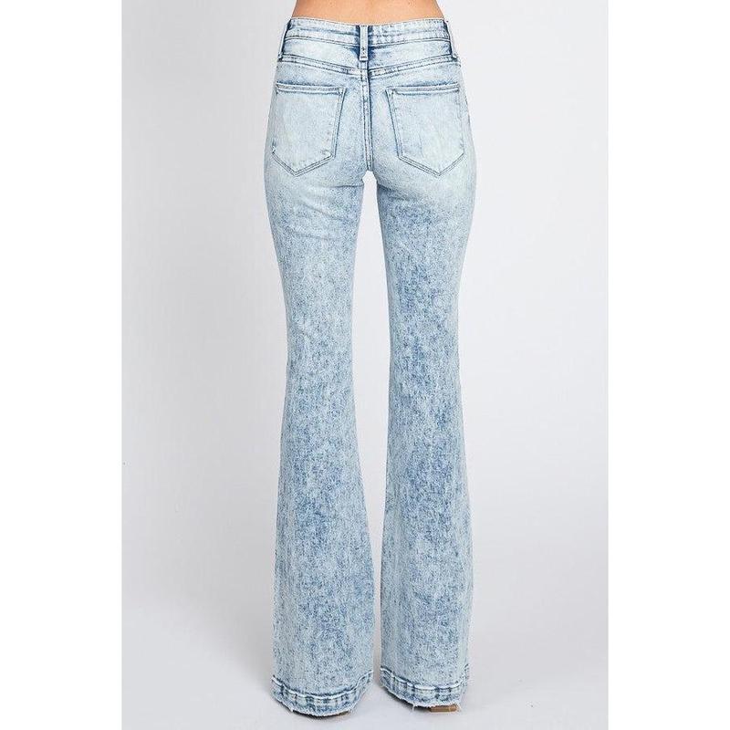 Woman's Acid Wash Distressed Mid Rise Boot Cut Jeans