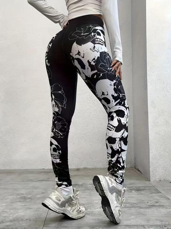 Women's Skull & Floral Print High Waist Leggings, Casual Comfy Breathable Skinny Pants for Daily Wear, Ladies Bottoms for All Seasons