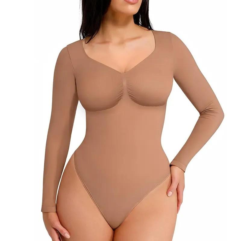 Women's Seamless Sculpt Long Sleeve Thong Comfortable Bodysuit for Tops and Underwear Lady Comfort Basic