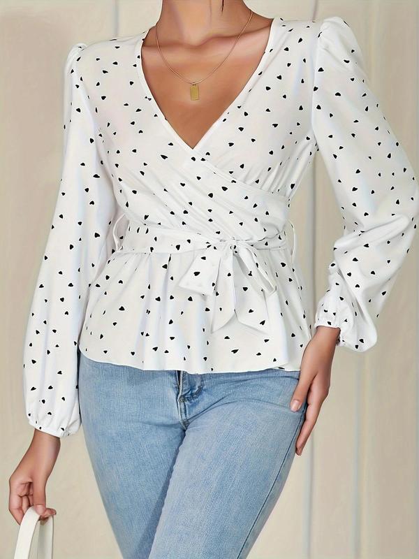 Women's Heart Print Tie Front Peplum Hem Wrap Blouse, Elegant Bishop Sleeve V Neck Top for Daily Wear, Ladies Clothes for All Seasons