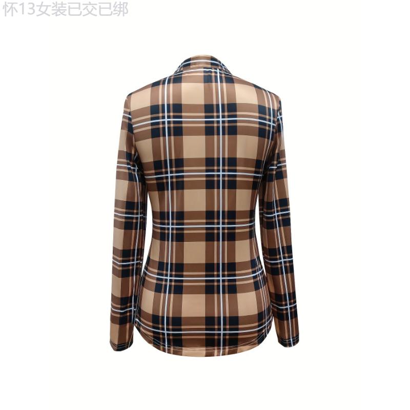 Elegant Plaid V-neck Tie-Front Blouse  Versatile, Breathable & Easy-Care Women's Top for Spring Fall Collar Fabric pleated blouse knitted shirt