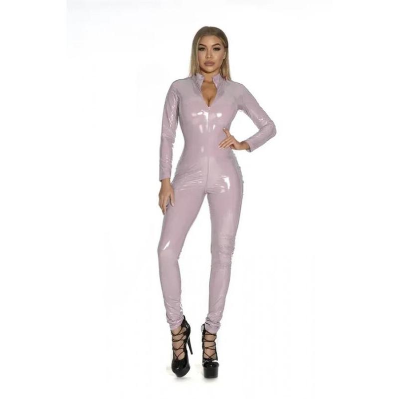 Women's Wet Look Shiny PU Faux Leather Jumpsuit Suit Long Sleeve Zipper Open Crotch Latex Bodysuit Clubwear Plus Size Fabric Fit