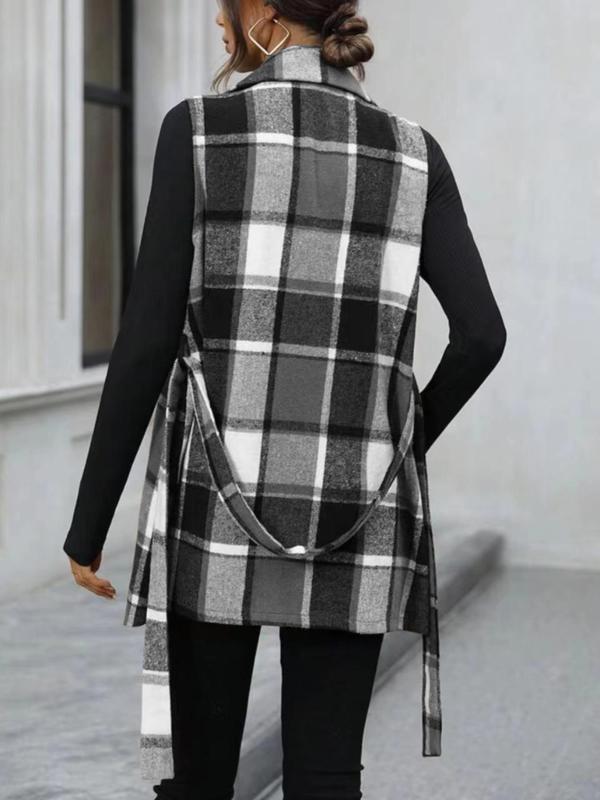 Women's Plaid Print Belted V Neck Waistcoat, Casual Fashion Comfy Gilet Coat for Daily Outdoor Wear, Women Clothes for Fall, Lady Fitted Vest Coat Womenswear, Back To School Outfit for, Halloween, Halloween Costume Tops