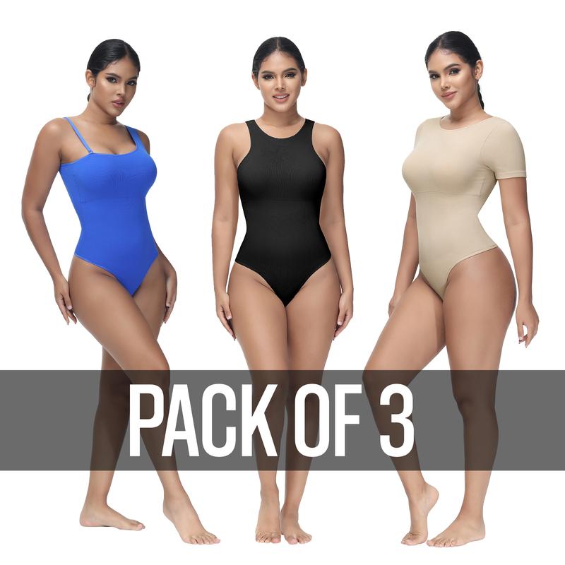 Soo slick Pack of 3 Bodysuits for Women - Tummy Control Viral Shapewear Sexy Ribbed Tank Tops Mono Strap - Short Sleeve and High Neck Bodysuit - color are at random Womenswear Everyday