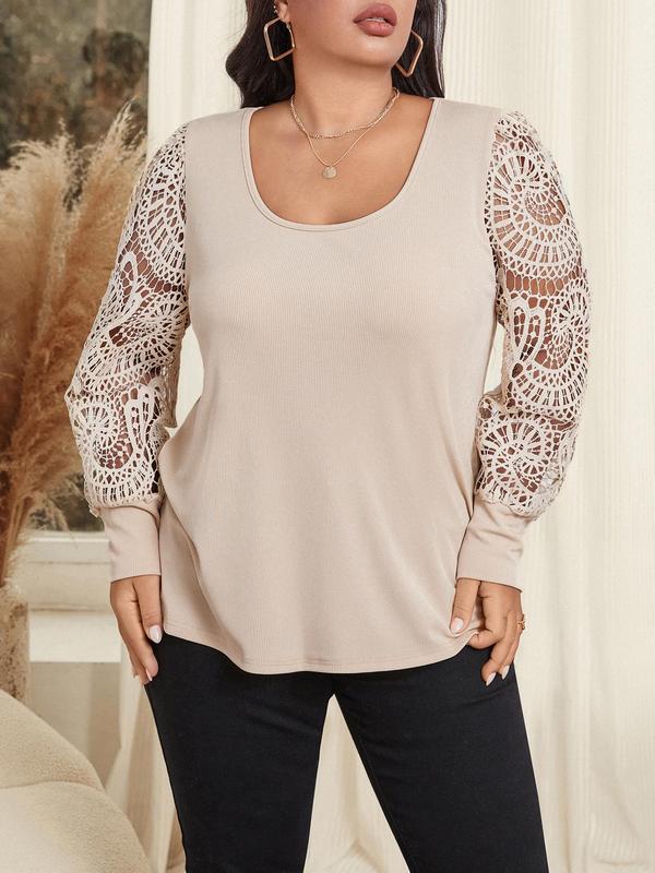 CURVZY Plus Size Contrast Lace Cut Out Bishop Sleeve Tee, Casual Long Sleeve Scoop Neck T-shirt for Daily Wear, Women's Clothing for All Seasons