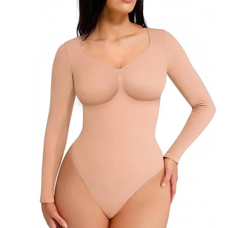 Women's Seamless Sculpt Long Sleeve Thong Comfortable Bodysuit for Tops and Underwear Lady Comfort Basic