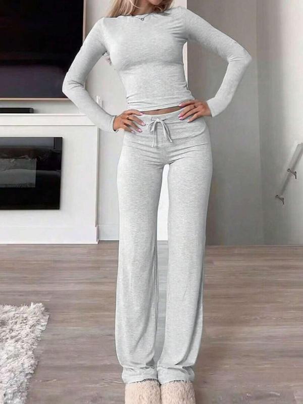 Women's Solid Drawstring Lounge Set, Casual Long Sleeve Round Neck Top & Pants Loungewear Set, Ladies Sleepwear for Spring & Fall