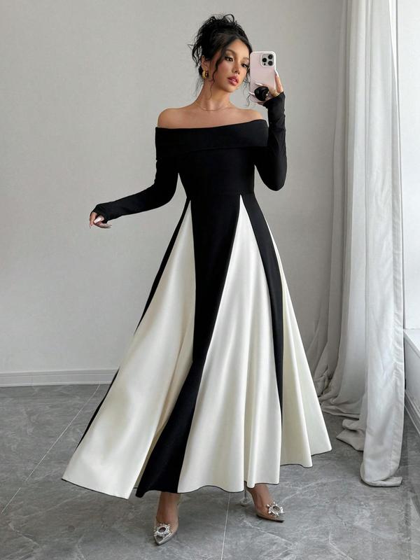 Women's Colorblock Off Shoulder Long Sleeve Dress, Elegant A Line Dress for Party Holiday Wedding Guest, Ladies Spring & Fall Clothes