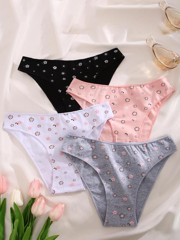 Women's 4pcs Ditsy Floral Print Panty, Soft Comfy Breathable Underwear for Daily Wear, Women's Knickers for All Seasons