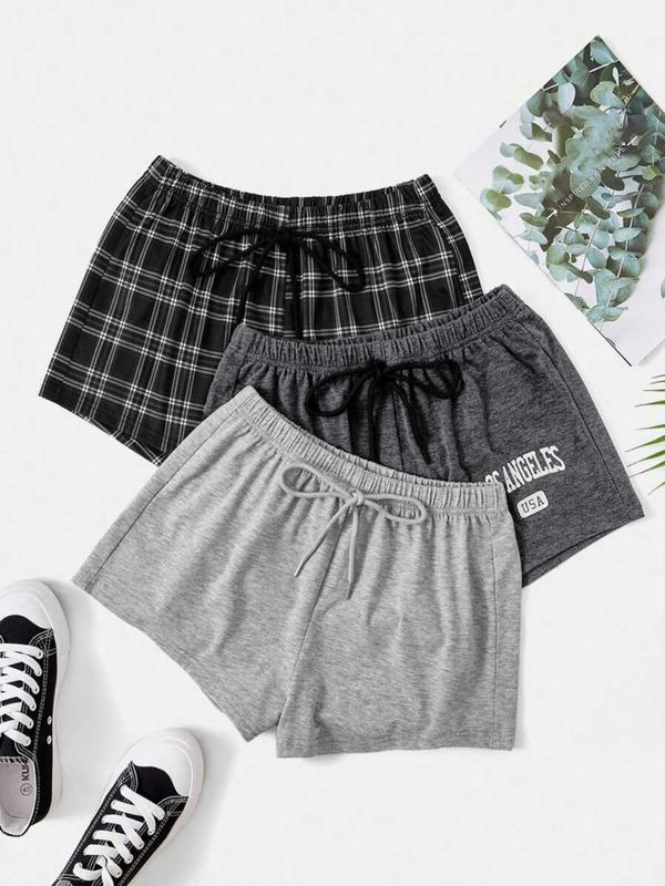 Women's Plain Plaid Letter Print Tie Front Pajama Shorts, Casual Comfy Elastic Waist Shorts for Daily Wear, Ladies Sleepwear for All Seasons