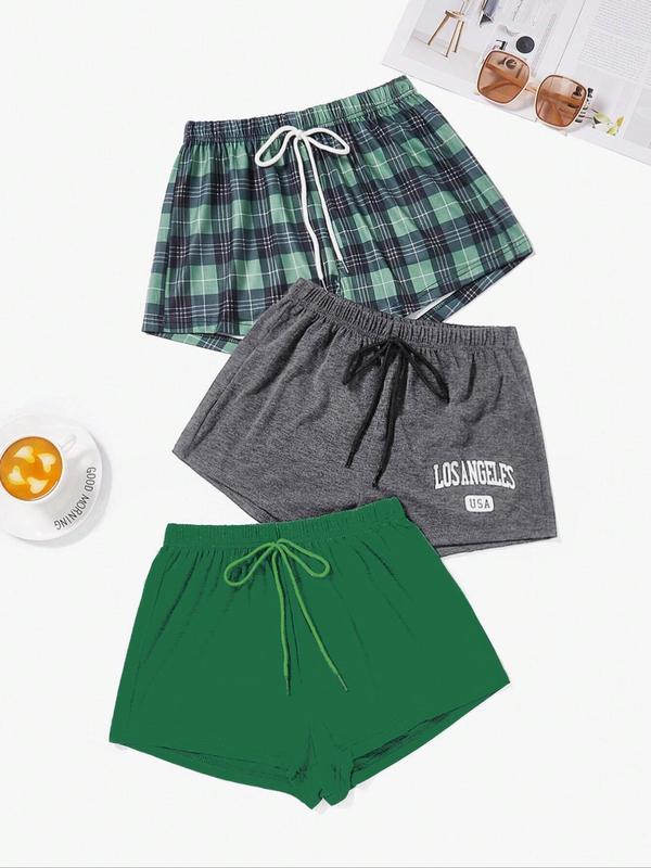 Women's Plain Plaid Letter Print Tie Front Pajama Shorts, Casual Comfy Elastic Waist Shorts for Daily Wear, Ladies Sleepwear for All Seasons