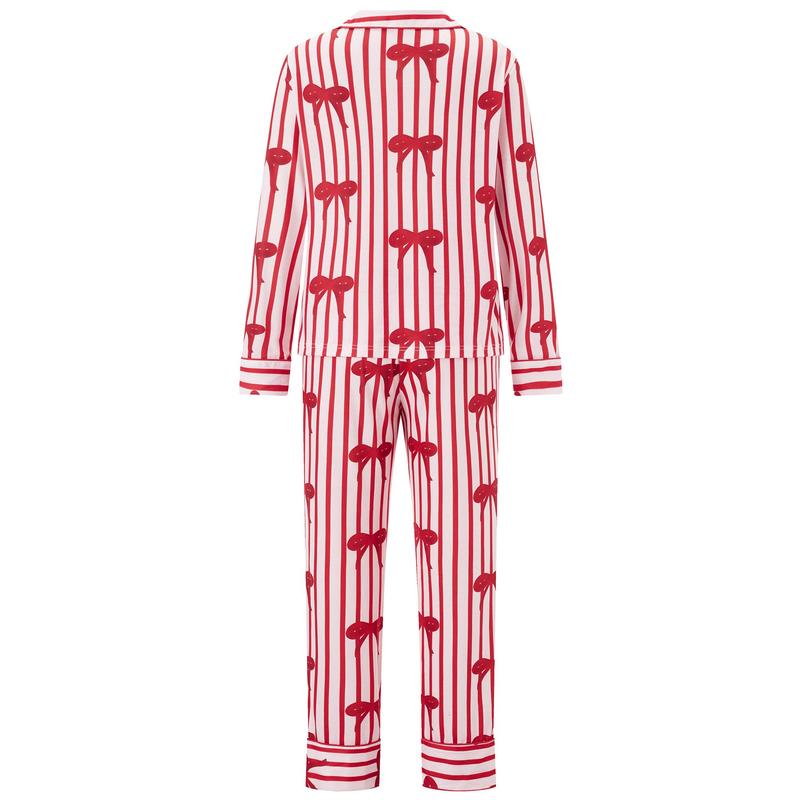 New Red Christmas Pajamas For Family Lapel Neck Button-up Long Sleeve Tops Long Pants 2-Piece Bow Solid Color Loungewear Outfit