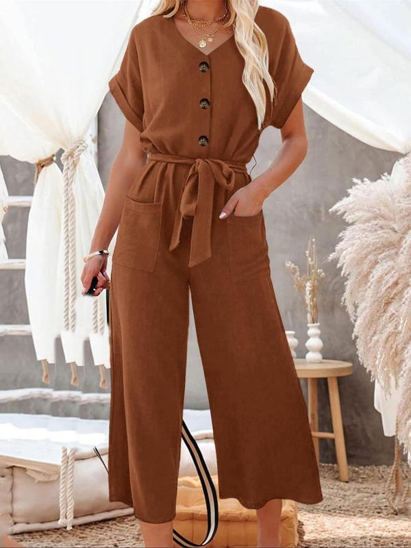 Women's Plain Button Front Crewneck Shortsleeve Belted Pocket Shirt Jumpsuit, Lady Basic Batwing Sleeve Round Neck, Summer Outfits 2024, Womenswear Overalls