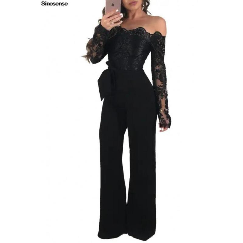 Womens Elegant Off Shoulder Long Pants Wide Leg Jumpsuits Floral Embroidery Lace See Through Cocktail Club Party Evening Rompers