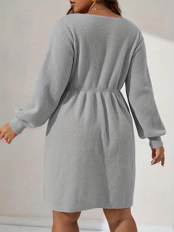 Plus Size Solid Button V Neck Longsleeves Sweater Dress, Casual Long Sleeve Knit Dress for Daily Outdoor Wear, Women Plus Clothing for All Seasons