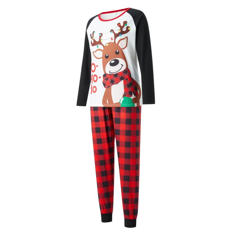 Christmas Pajamas for Family, Long Sleeve Elk Letter Print T-Shirt + Plaid Pants Set