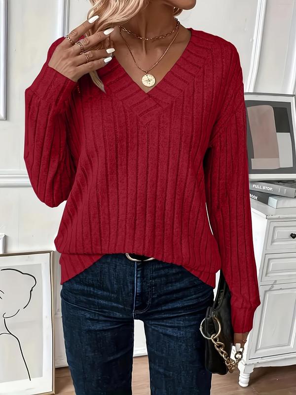  Solid Drop Shoulder Ribbed Sweater, Casual Long Sleeve V Neck Jumper for Fall & Winter, Women's Clothing for Daily Wear