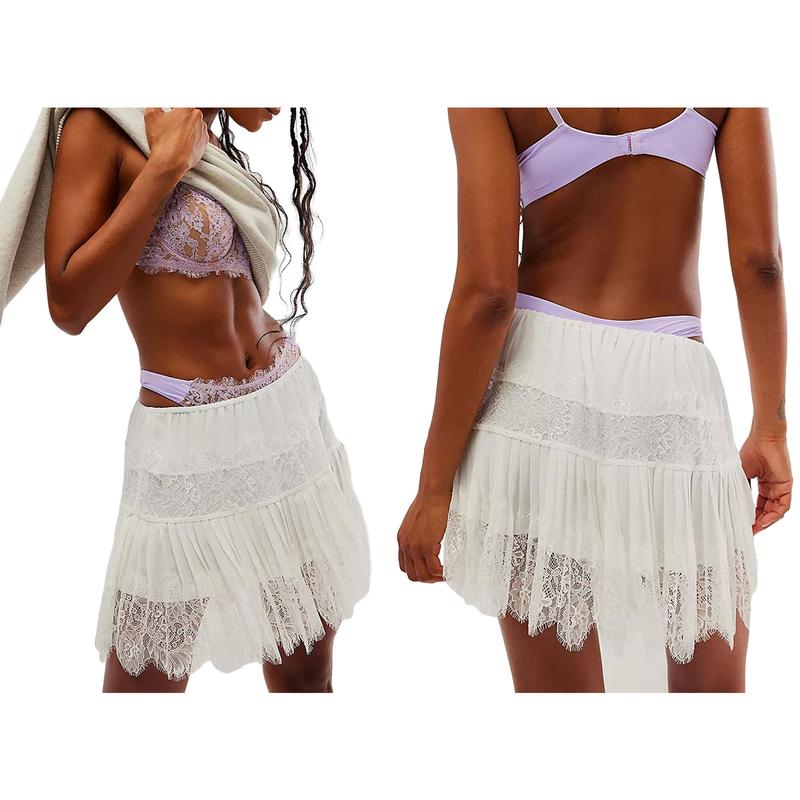 Women Y2k Lace Mini Skirt Low Rise Pleated Ruffle Half Slip Skirt Layered Flowy Short Skirt Streetwear