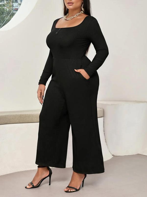 CURVZY Plus Size Solid Square Neck Wide Leg Jumpsuit, Casual Long Sleeve Jumpsuit for Fall & Winter, Women's Clothes for Daily Wear