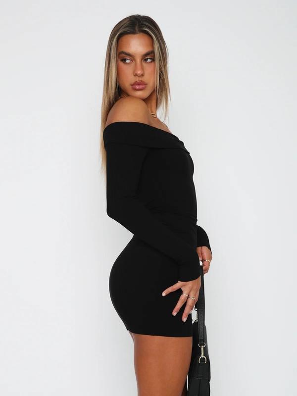 Women's Solid Off Shoulder Ribbed Bodycon Dress, Elegant Fashion Long Sleeve Mini Dress for Party Club Dating Wear, Women Dress for Fall & Winter