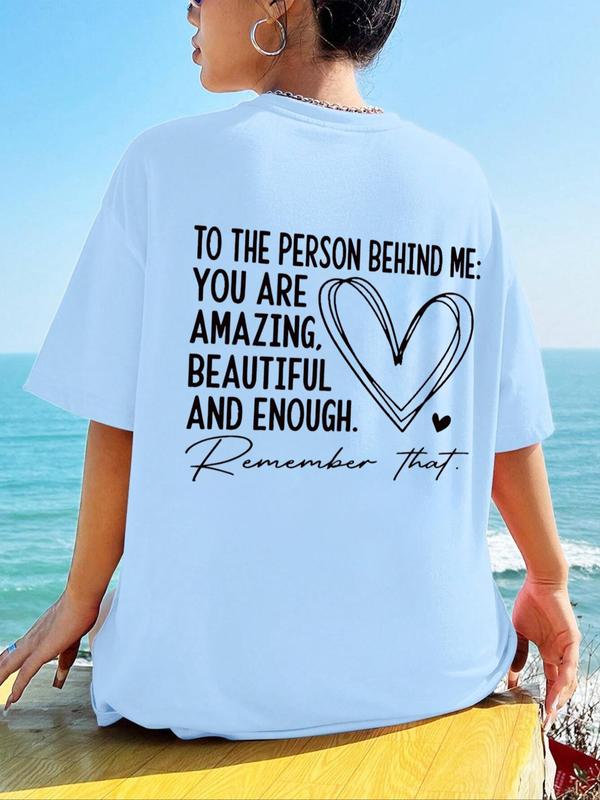 Women's Letter & Heart Print Half Sleeve Tee, Casual Drop Shoulder Round Neck T-shirt for Daily Wear, Back-to-School Clothing, Ladies All Seasons Outfits, Graphic Tees, Women's Tops