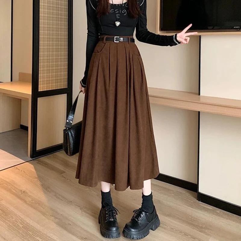 Autumn Winter Corduroy Pleated Skirt Women Korean Fashion High Waist A Line Long Skirts Woman Streetwear Thick Solid Midi Skirt