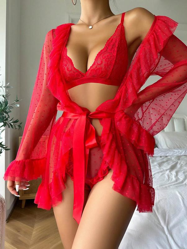 Floral Lace Ruffle Trim Lingerie Set & Belted Robe