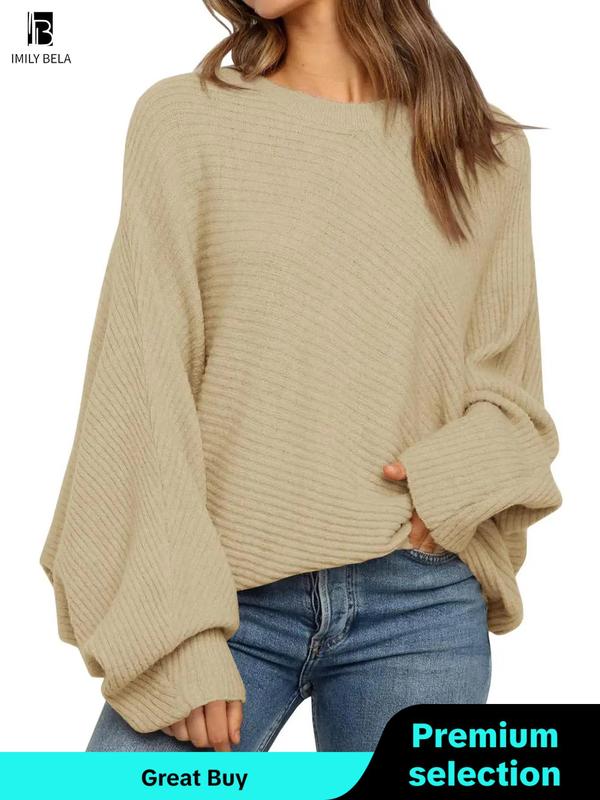 Women's Solid Round Neck Long Sleeve Knitting Jumper, Crewneck Batwing Sleeve Pullover Sweater, Fall Sweater for Women, Lady's Comfort Casual Knitwear Top for Christmas, Fall Outfits, Earthtone Fallfreshness, Halloween, Halloween Costume