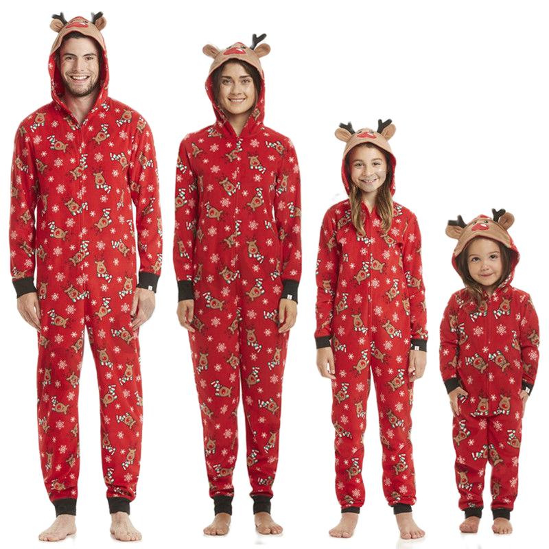 Calsunbaby Christmas Jumpsuit Pajamas for Family Onesie Hooded Sleepwear Matching Sets Cartoon Elf Print Pjs