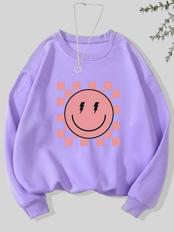 Women's Smile Face Print Drop Shoulder Sweatshirt, 2024 New Style Casual Long Sleeve Round Neck Pullover for Fall & Winter, Women's Clothes for Daily Wear