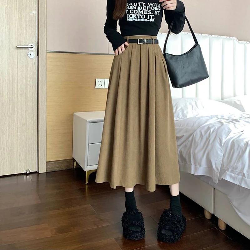 Autumn Winter Corduroy Pleated Skirt Women Korean Fashion High Waist A Line Long Skirts Woman Streetwear Thick Solid Midi Skirt