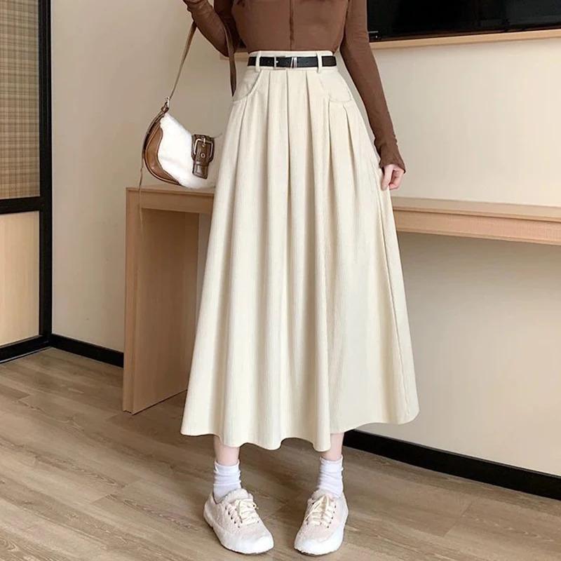 Autumn Winter Corduroy Pleated Skirt Women Korean Fashion High Waist A Line Long Skirts Woman Streetwear Thick Solid Midi Skirt