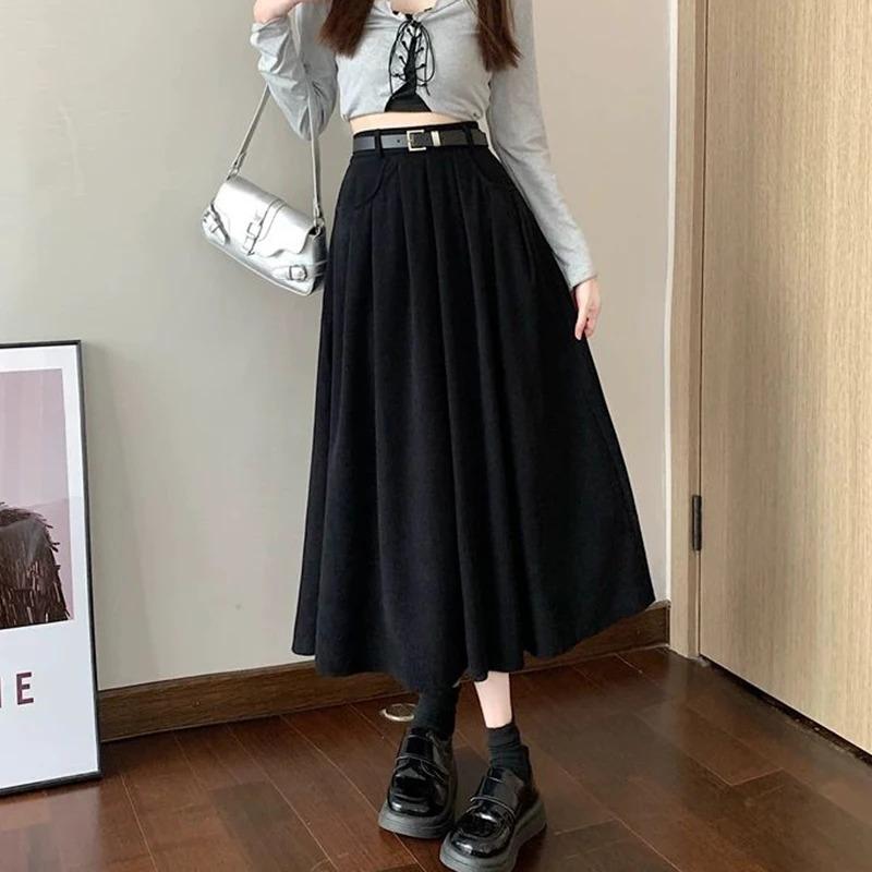 Autumn Winter Corduroy Pleated Skirt Women Korean Fashion High Waist A Line Long Skirts Woman Streetwear Thick Solid Midi Skirt