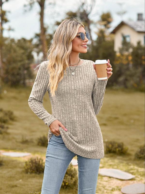 Women's Plain Ribbed Long Sleeve Sweater Pullover, Casual Round Neck T-shirt for Spring & Fall, Women's Knitwear for Daily Wear