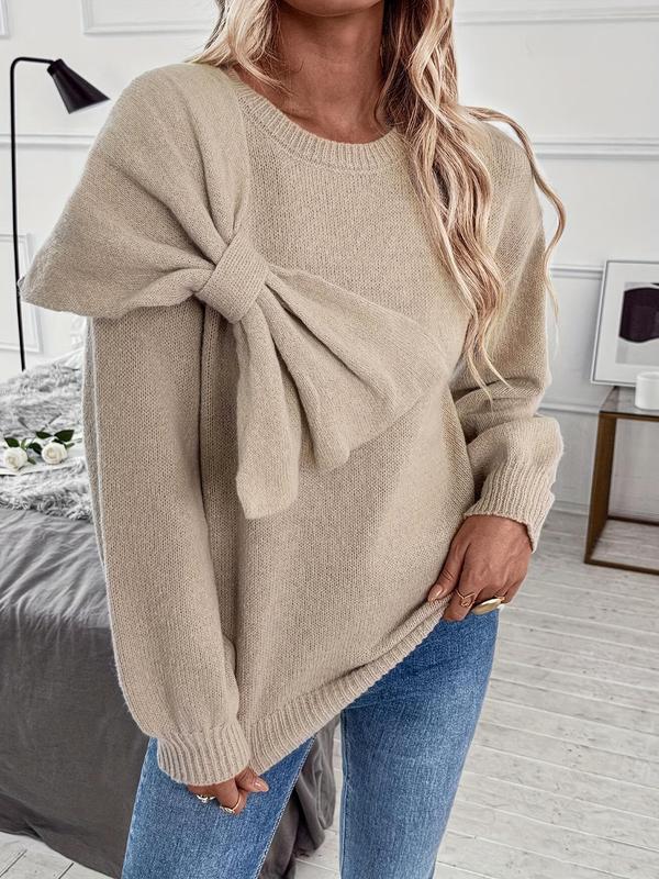 Women's Plain Big Bow Decor Drop Shoulder Sweater Pullover, Elegant Fashion Casual Long Sleeve Jumper for Daily Outdoor Wear, Sweaters for Women, Women Knitwear for Fall & Winter