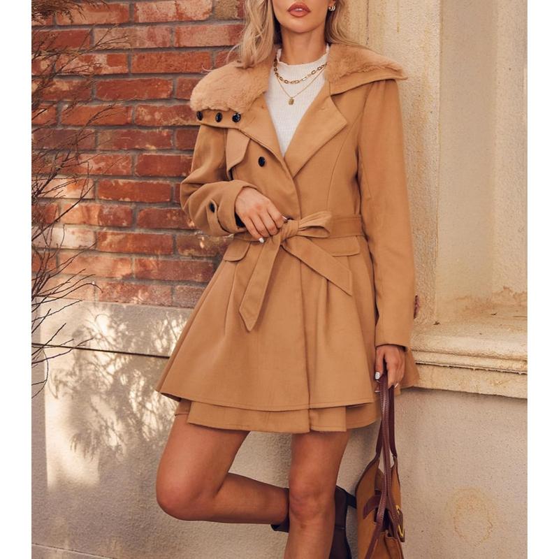 Women's Faux Fur Jacket Mid-length Tweed Jacket Double-breasted Thickened Coat Hair Collar Trench Coat Lapel Fur Jacket Women's Fashion Trench Coat Jacket