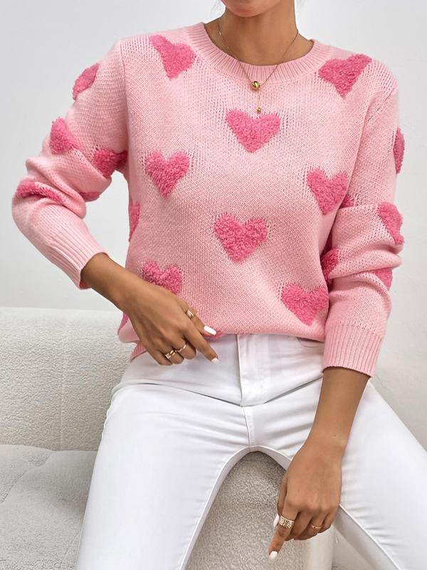 Women's Minimalist Heart Print Drop Shoulder Crewneck Sweater Tops, Basic Casual Long Sleeve Round Neck Knitting Jumper for Fall & Winter, Womenswear, Going Out Tops