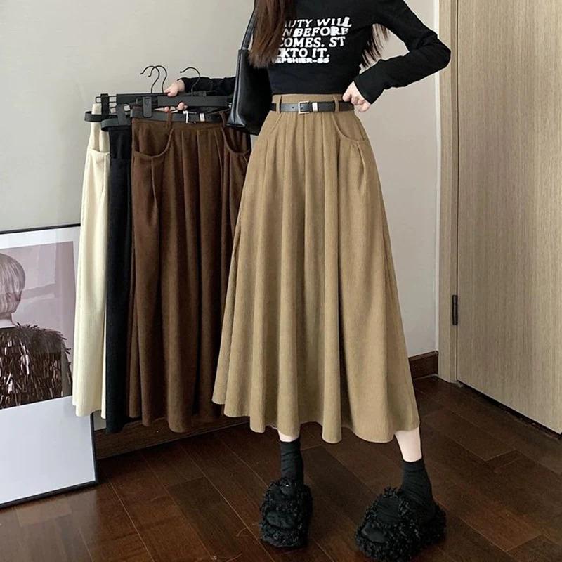 Autumn Winter Corduroy Pleated Skirt Women Korean Fashion High Waist A Line Long Skirts Woman Streetwear Thick Solid Midi Skirt